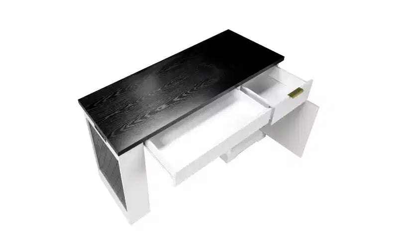 55 Inch Modern Office Desk with Storage Cabinet and Drawers, Power Outlets, Pegboard, Built-in Shelves and Keyboard Tray, White