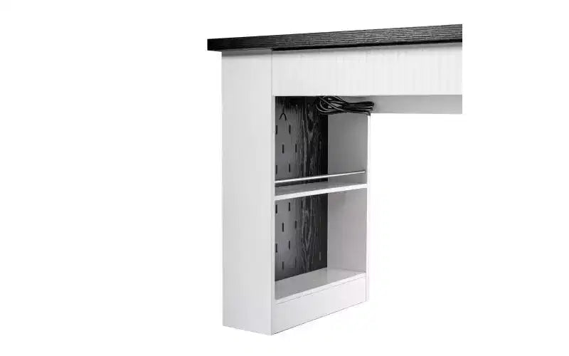 55 Inch Modern Office Desk with Storage Cabinet and Drawers, Power Outlets, Pegboard, Built-in Shelves and Keyboard Tray, White