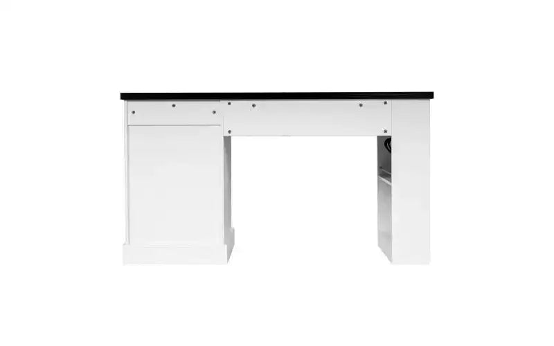 55 Inch Modern Office Desk with Storage Cabinet and Drawers, Power Outlets, Pegboard, Built-in Shelves and Keyboard Tray, White