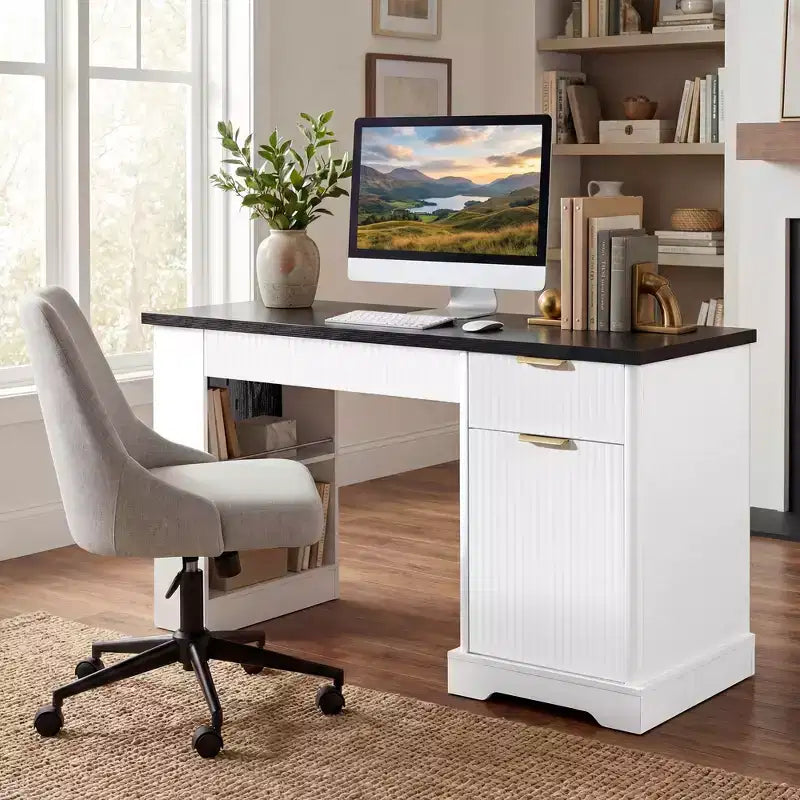55 Inch Modern Office Desk with Storage Cabinet and Drawers, Power Outlets, Pegboard, Built-in Shelves and Keyboard Tray, White