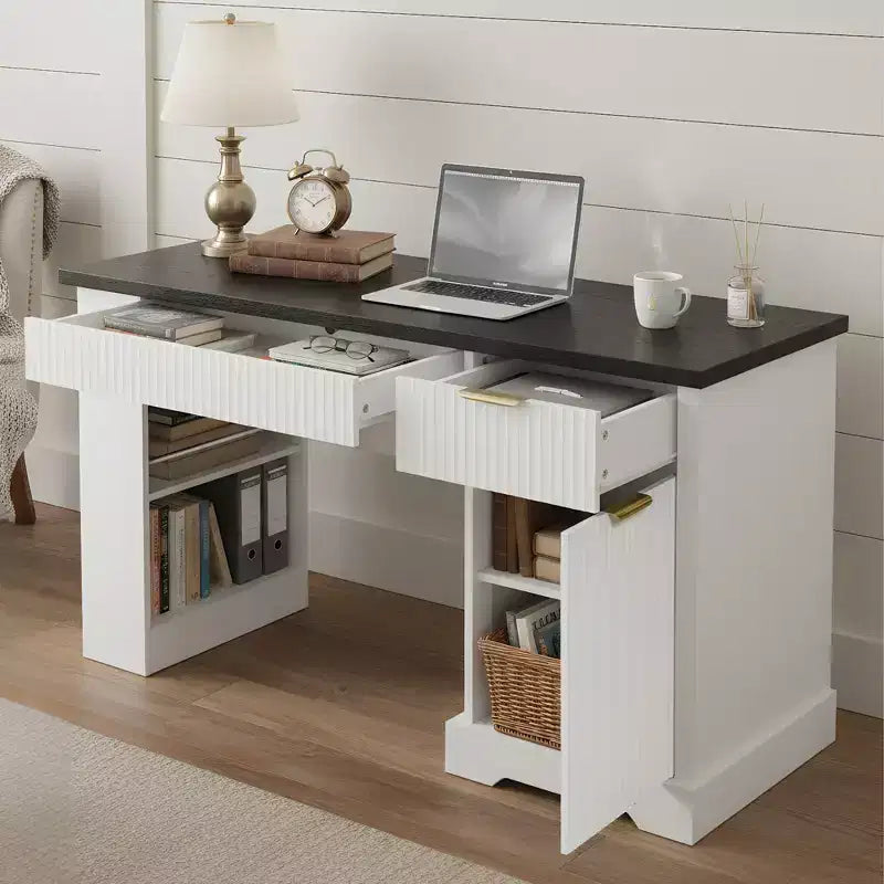 55 Inch Modern Office Desk with Storage Cabinet and Drawers, Power Outlets, Pegboard, Built-in Shelves and Keyboard Tray, White