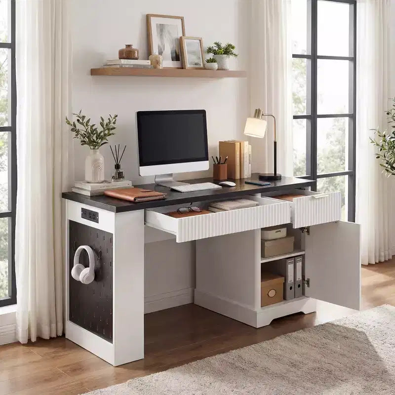 55 Inch Modern Office Desk with Storage Cabinet and Drawers, Power Outlets, Pegboard, Built-in Shelves and Keyboard Tray, White