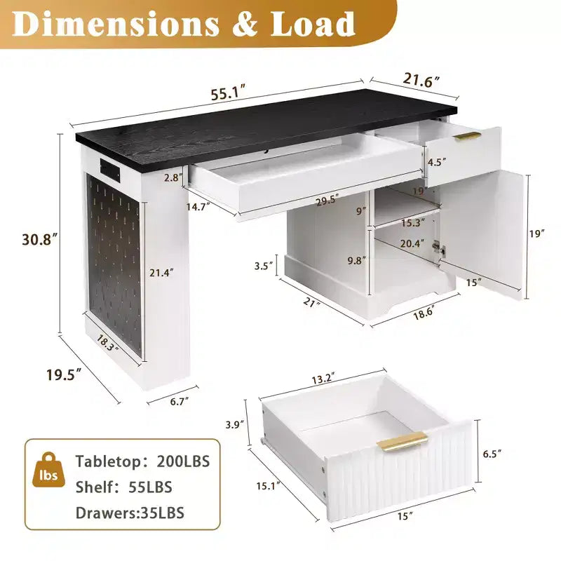 55 Inch Modern Office Desk with Storage Cabinet and Drawers, Power Outlets, Pegboard, Built-in Shelves and Keyboard Tray, White