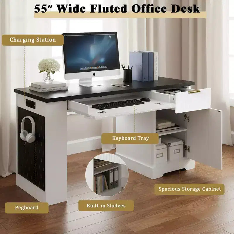 55 Inch Modern Office Desk with Storage Cabinet and Drawers, Power Outlets, Pegboard, Built-in Shelves and Keyboard Tray, White