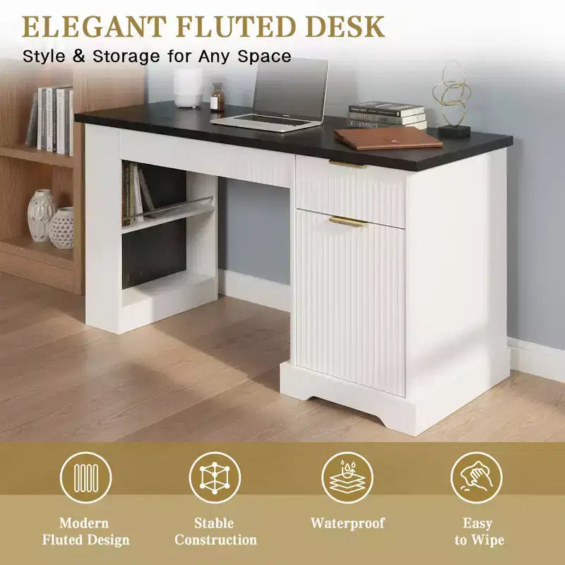 55 Inch Modern Office Desk with Storage Cabinet and Drawers, Power Outlets, Pegboard, Built-in Shelves and Keyboard Tray, White