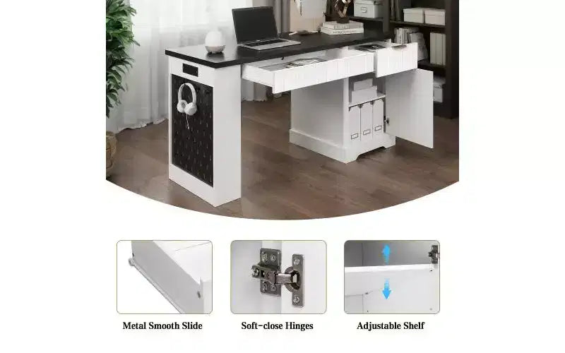 55 Inch Modern Office Desk with Storage Cabinet and Drawers, Power Outlets, Pegboard, Built-in Shelves and Keyboard Tray, White