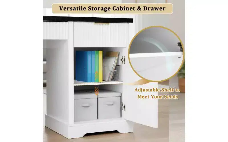 55 Inch Modern Office Desk with Storage Cabinet and Drawers, Power Outlets, Pegboard, Built-in Shelves and Keyboard Tray, White