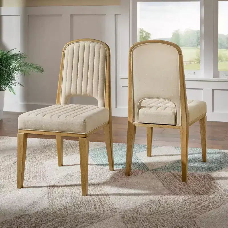 Wood Finish Cream Fabric Channel Stitching Dining Chair (Set of 2)