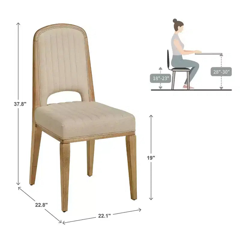 Wood Finish Cream Fabric Channel Stitching Dining Chair (Set of 2)