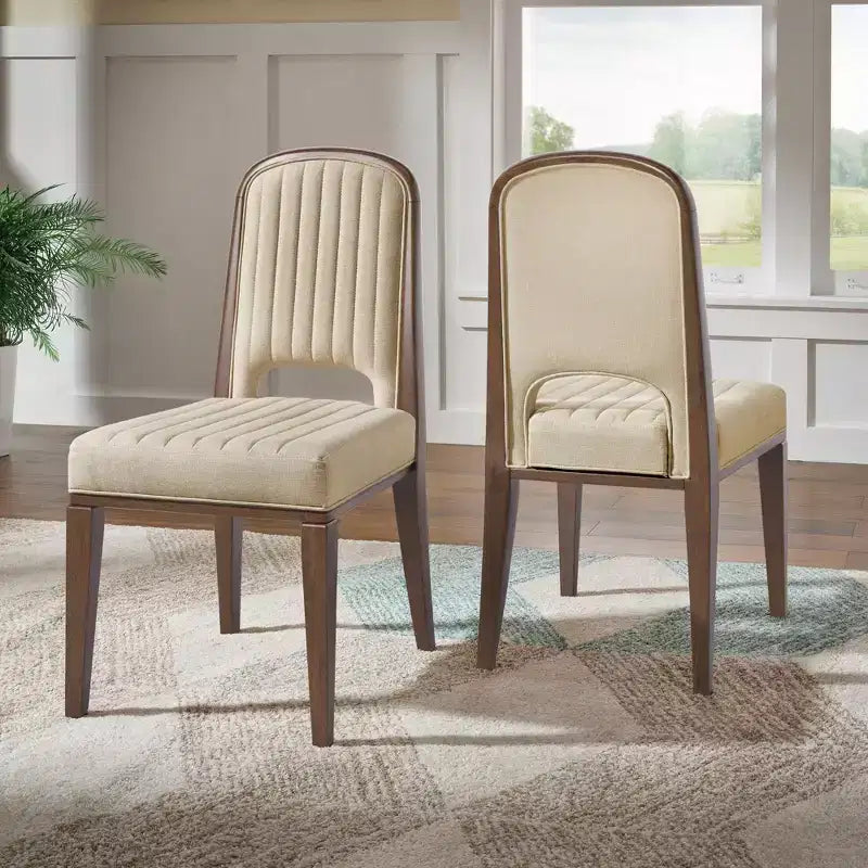 Wood Finish Cream Fabric Channel Stitching Dining Chair (Set of 2)