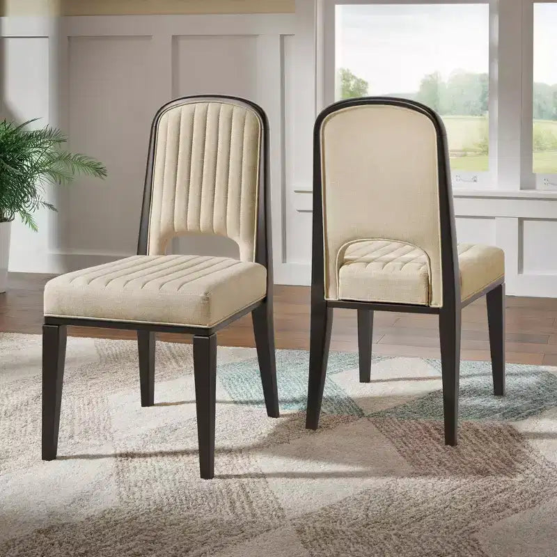 Wood Finish Cream Fabric Channel Stitching Dining Chair (Set of 2)