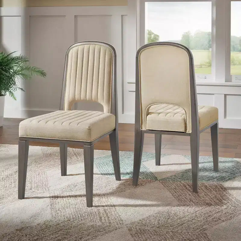Wood Finish Cream Fabric Channel Stitching Dining Chair (Set of 2)