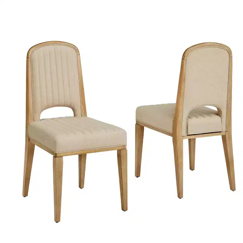 Wood Finish Cream Fabric Channel Stitching Dining Chair (Set of 2)