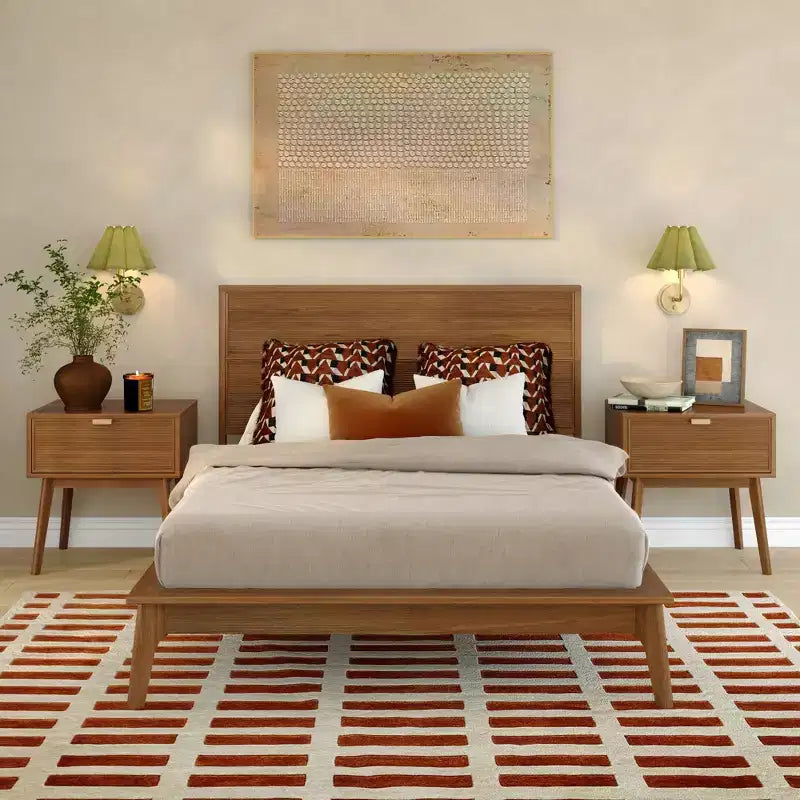Full Size Solid Pine Wood Bed Frame, Mid-Century Ribbed Headboard, Tapered Legs, No Box Spring Required
