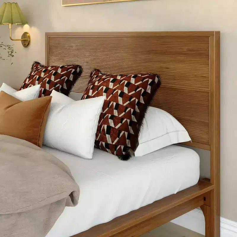 Full Size Solid Pine Wood Bed Frame, Mid-Century Ribbed Headboard, Tapered Legs, No Box Spring Required