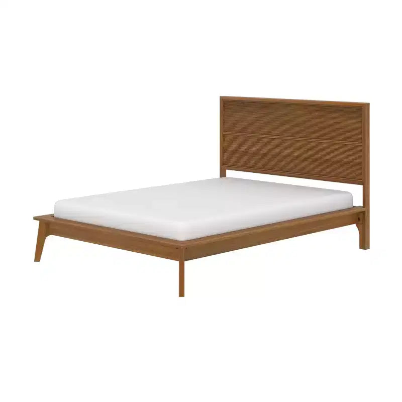Full Size Solid Pine Wood Bed Frame, Mid-Century Ribbed Headboard, Tapered Legs, No Box Spring Required