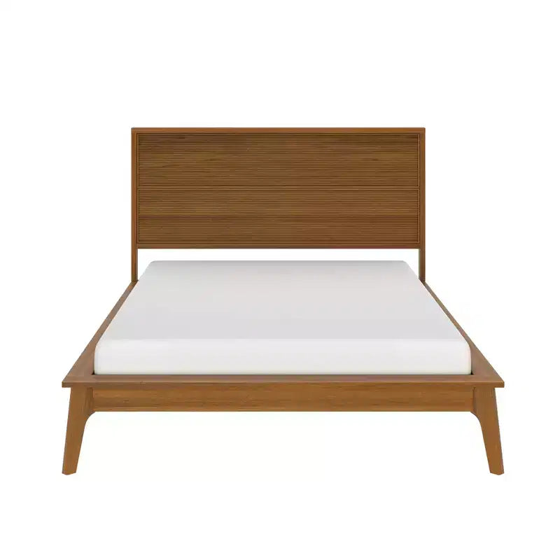 Full Size Solid Pine Wood Bed Frame, Mid-Century Ribbed Headboard, Tapered Legs, No Box Spring Required