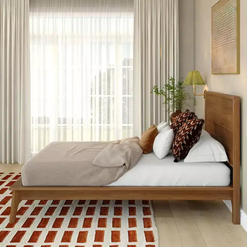 Full Size Solid Pine Wood Bed Frame, Mid-Century Ribbed Headboard, Tapered Legs, No Box Spring Required