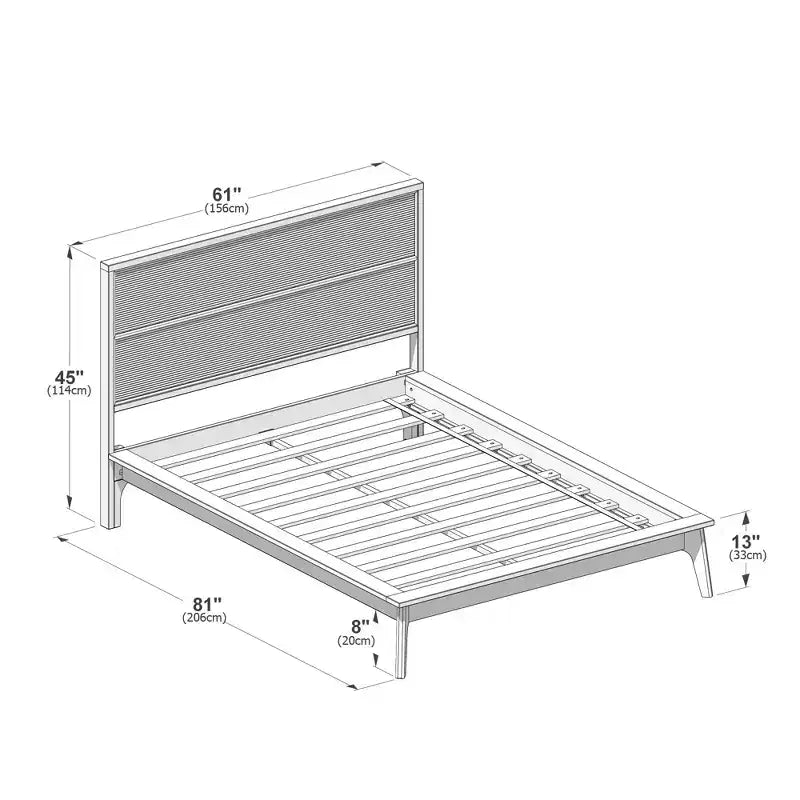 Full Size Solid Pine Wood Bed Frame, Mid-Century Ribbed Headboard, Tapered Legs, No Box Spring Required