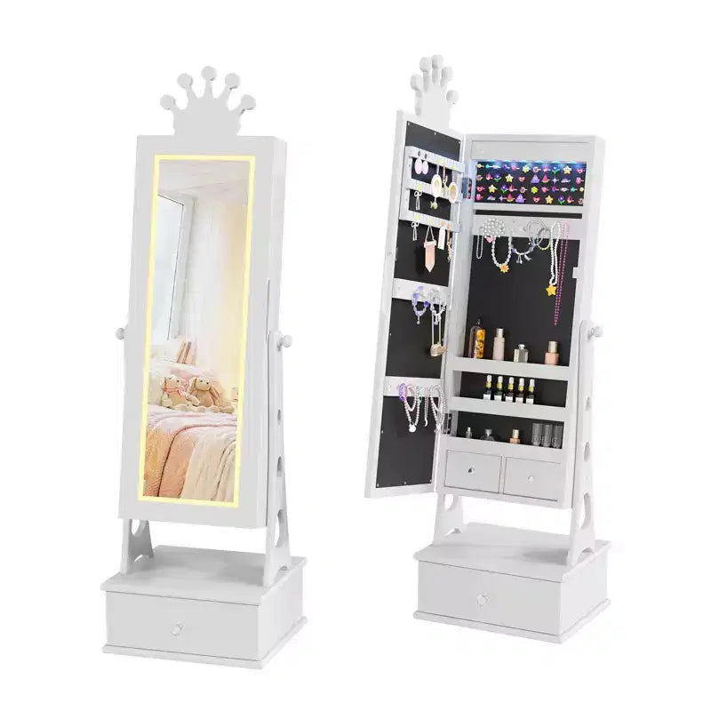 Kids Jewelry Armoire Cabinet, Standing Jewelry Organizer with Full-Length Mirror, 3 Storage Drawer, Kids Vanity Dress Up Mirror Jewelry Cabinet