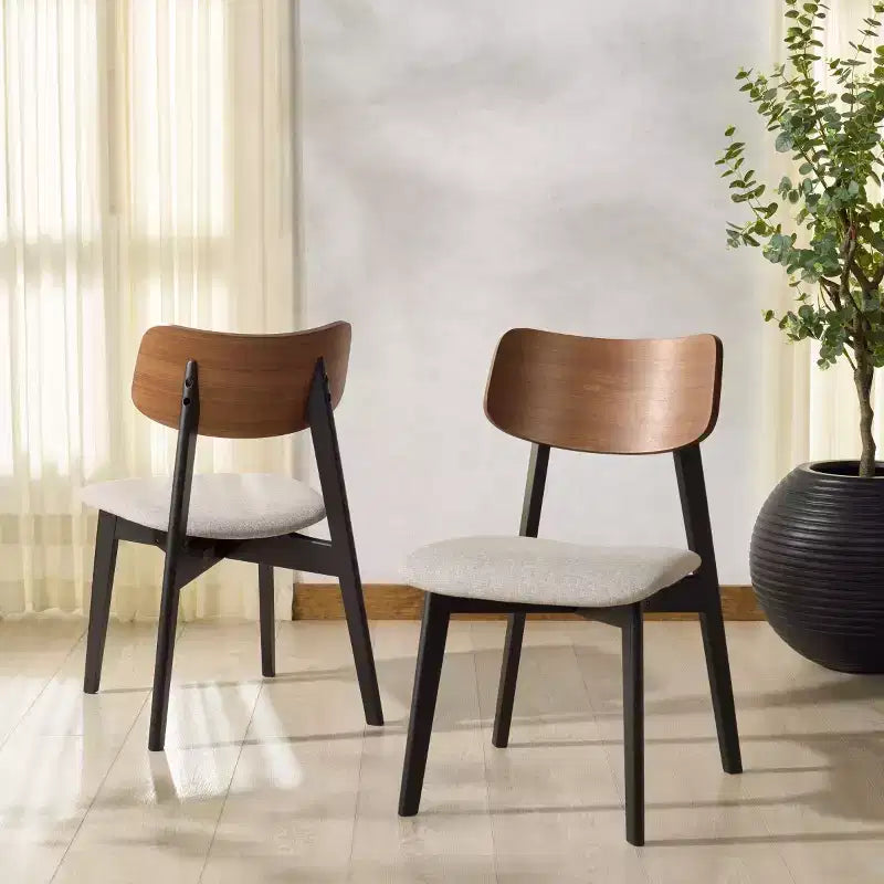 Wood Dining Chair Set of 2, Rubberwood Frame with Upholstered Seat, Curved Low Back, Armless