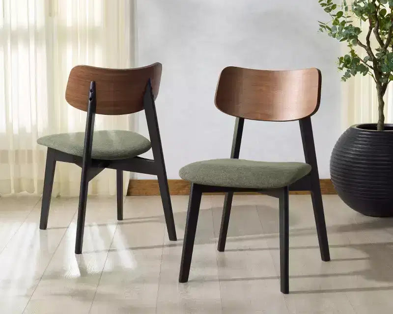 Wood Dining Chair Set of 2, Rubberwood Frame with Upholstered Seat, Curved Low Back, Armless