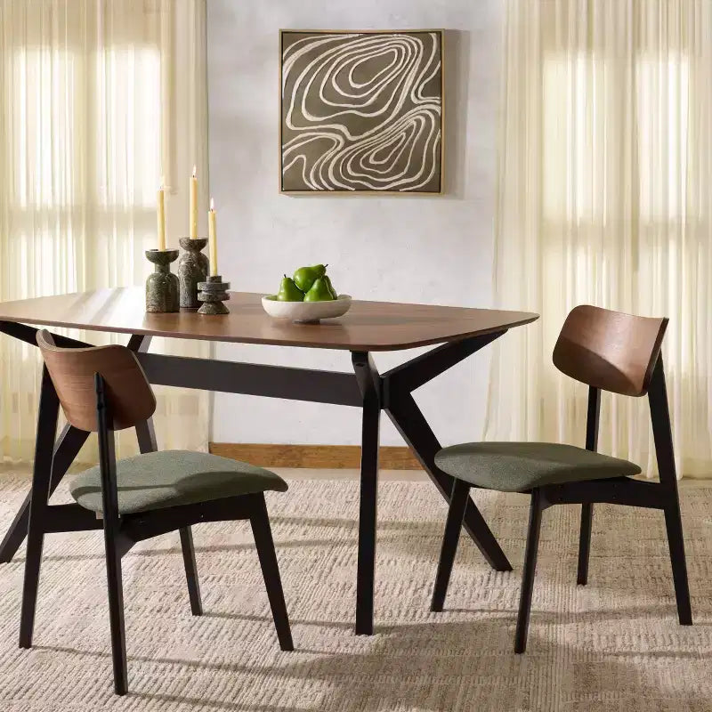 Wood Dining Chair Set of 2, Rubberwood Frame with Upholstered Seat, Curved Low Back, Armless