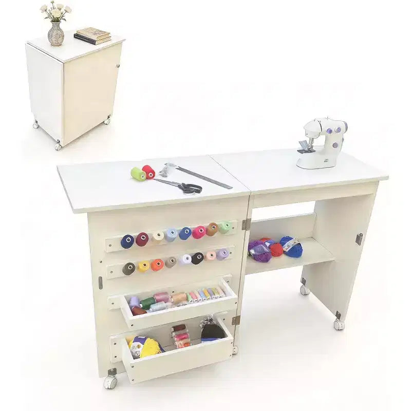 Folding Sewing Table, Multipurpose Sewing Machine Table with Compact Design, Wheels, Shelves, Storage Trays, Wooden Pegs, and Magnetic Doors