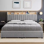 Letto imbottito king size, letto a piattaforma con testiera contenitore, cassettoni, resistente, non richiede la rete a molle, facile da montare, grigio