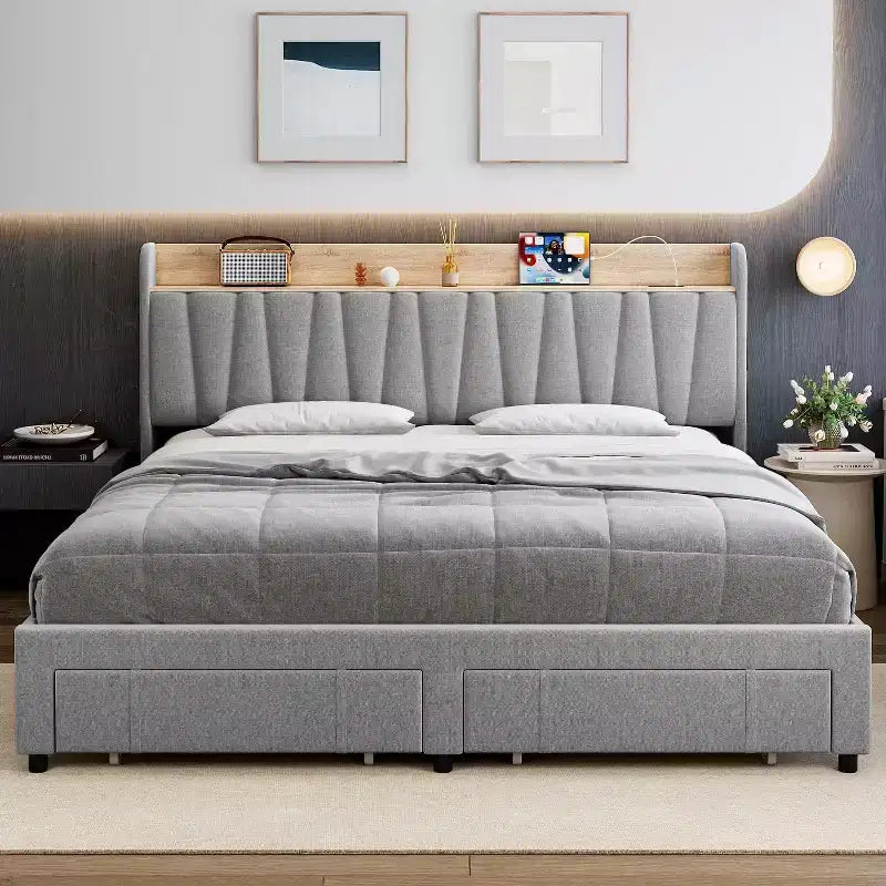 Upholstered Bed Frame King Size, Platform Bed with Storage Headboard, Drawer Storage, Heavy Duty, No Box Spring Required, Easy to Assemble, Gray