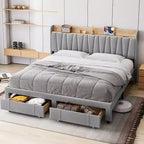 Letto imbottito king size, letto a piattaforma con testiera contenitore, cassettoni, resistente, non richiede la rete a molle, facile da montare, grigio