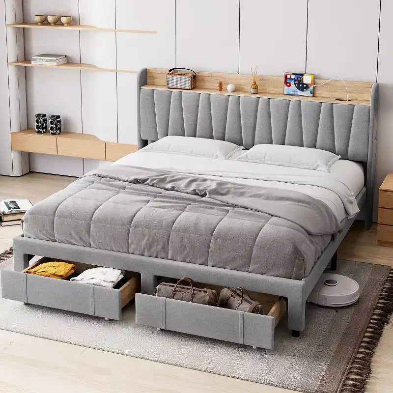 Upholstered Bed Frame King Size, Platform Bed with Storage Headboard, Drawer Storage, Heavy Duty, No Box Spring Required, Easy to Assemble, Gray