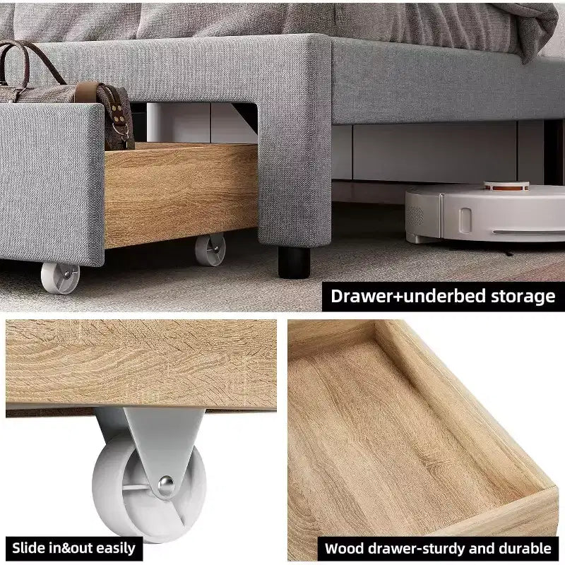 Upholstered Bed Frame King Size, Platform Bed with Storage Headboard, Drawer Storage, Heavy Duty, No Box Spring Required, Easy to Assemble, Gray