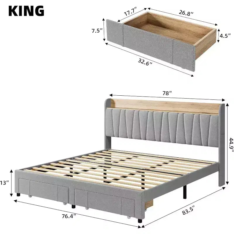 Upholstered Bed Frame King Size, Platform Bed with Storage Headboard, Drawer Storage, Heavy Duty, No Box Spring Required, Easy to Assemble, Gray