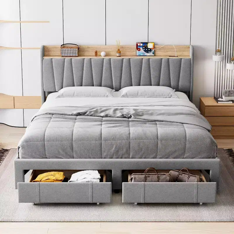 Upholstered Bed Frame King Size, Platform Bed with Storage Headboard, Drawer Storage, Heavy Duty, No Box Spring Required, Easy to Assemble, Gray