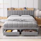 Letto imbottito king size, letto a piattaforma con testiera contenitore, cassettoni, resistente, non richiede la rete a molle, facile da montare, grigio