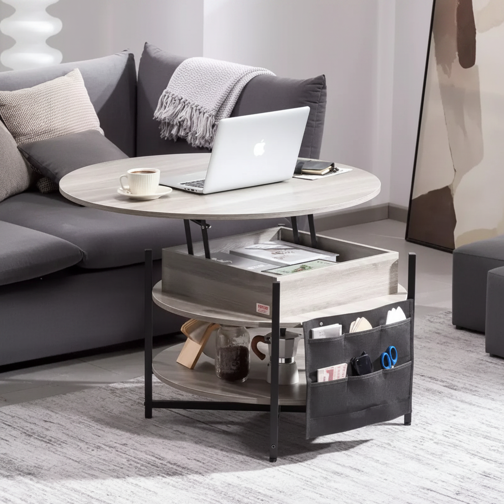 Lift Top Coffee Table, 35.3 in Round Coffee Table with Extra Storage Pockets, Pop Up Coffee Table for Living Room, Dark gray