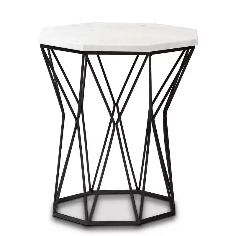 Metal End Table with Marble Tabletop Black: Rectangle Side Table for Living Room, No Assembly Required