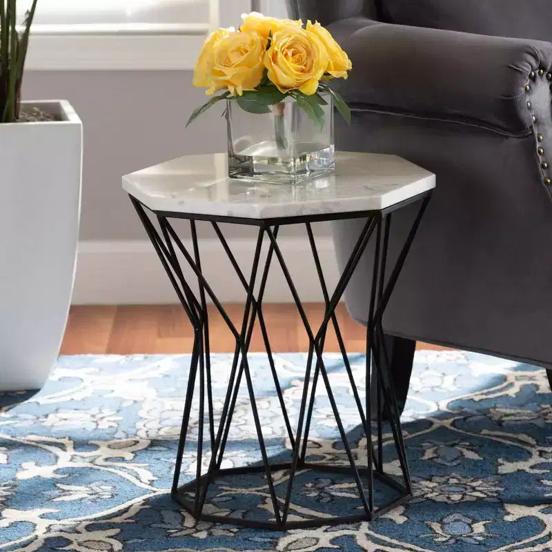 Metal End Table with Marble Tabletop Black: Rectangle Side Table for Living Room, No Assembly Required