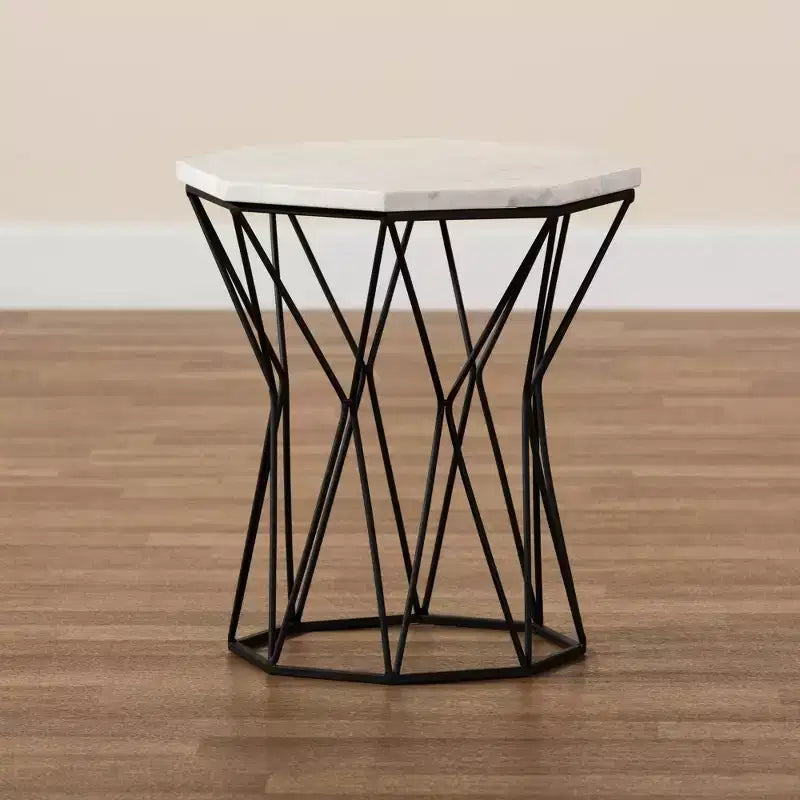 Metal End Table with Marble Tabletop Black: Rectangle Side Table for Living Room, No Assembly Required