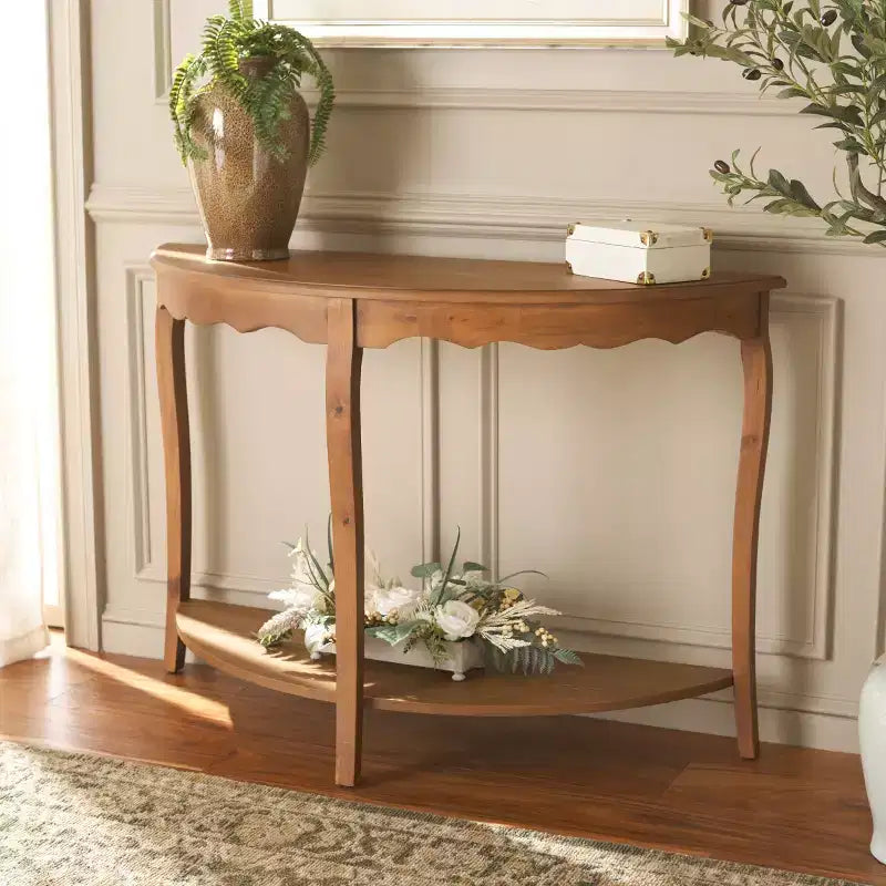 Half Moon Console Table with Open Shelf, Cabriole Legs, Classic French Style, Off-White