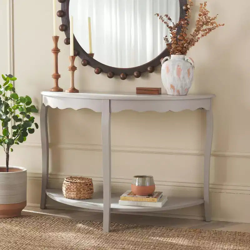 Half Moon Console Table with Open Shelf, Cabriole Legs, Classic French Style, Off-White