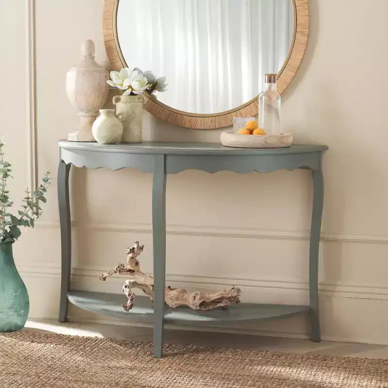 Half Moon Console Table with Open Shelf, Cabriole Legs, Classic French Style, Off-White