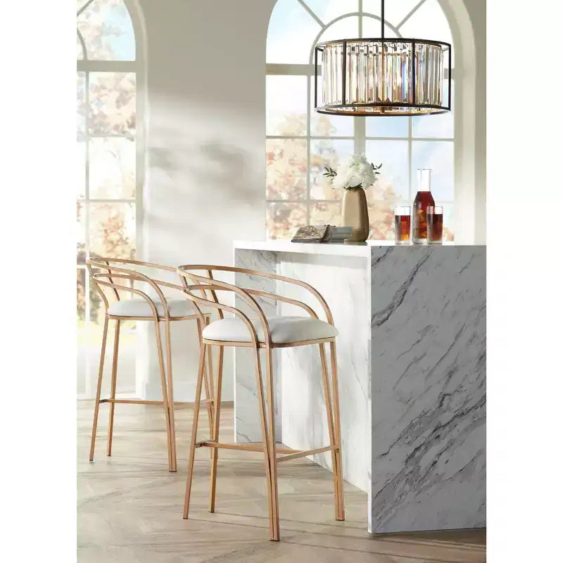 Gold Metal Bar Stool 30 High Modern White Upholstered Fabric Cushion with Low Backrest Footrest for Kitchen Counter Height