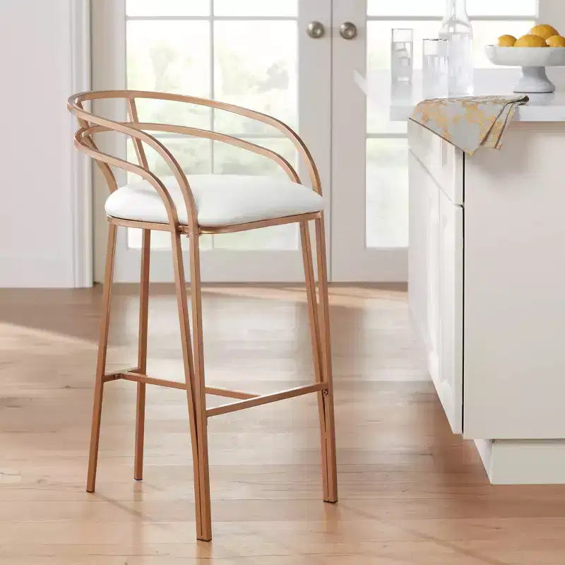 Gold Metal Bar Stool 30 High Modern White Upholstered Fabric Cushion with Low Backrest Footrest for Kitchen Counter Height