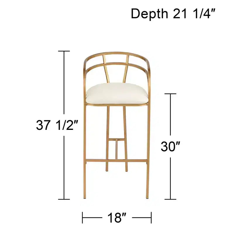 Gold Metal Bar Stool 30 High Modern White Upholstered Fabric Cushion with Low Backrest Footrest for Kitchen Counter Height