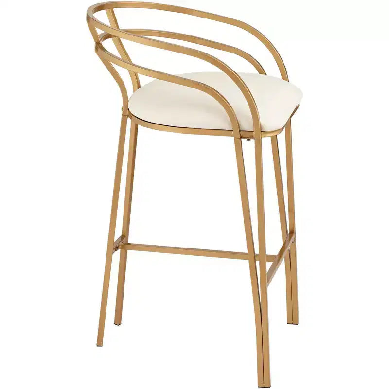 Gold Metal Bar Stool 30 High Modern White Upholstered Fabric Cushion with Low Backrest Footrest for Kitchen Counter Height
