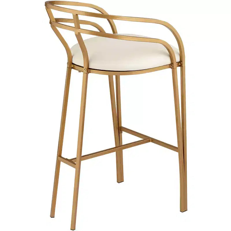 Gold Metal Bar Stool 30 High Modern White Upholstered Fabric Cushion with Low Backrest Footrest for Kitchen Counter Height