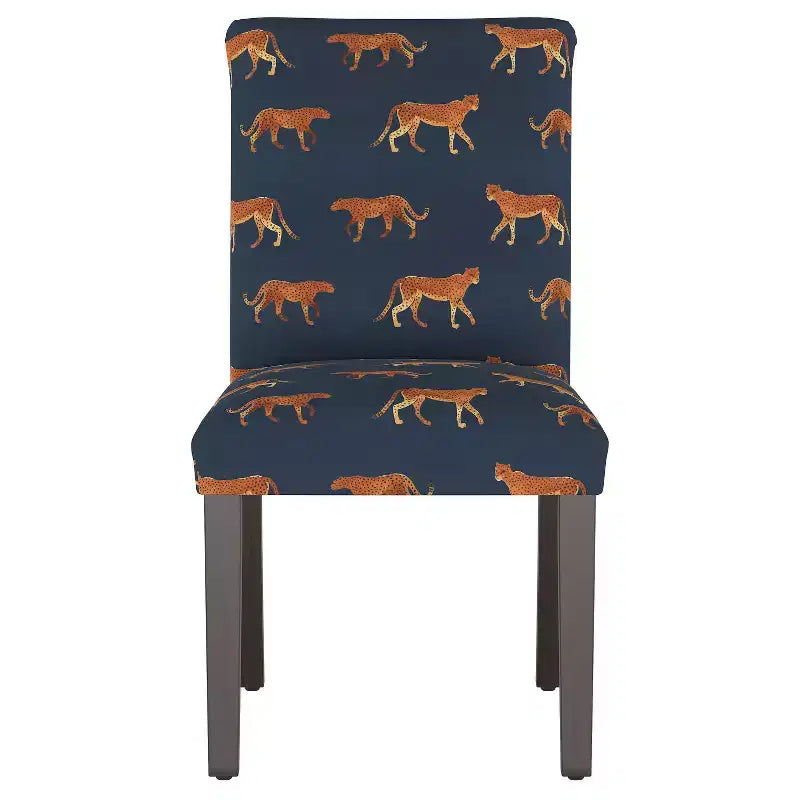 Upholstered Dining Chair with Animal Theme, Barrel Back, Rubberwood Legs, Linen Cotton Fabric