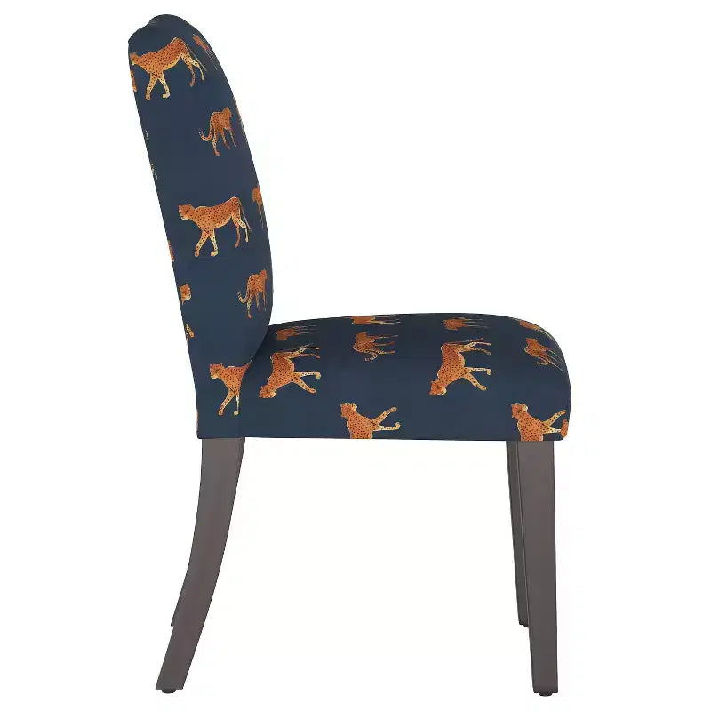 Upholstered Dining Chair with Animal Theme, Barrel Back, Rubberwood Legs, Linen Cotton Fabric